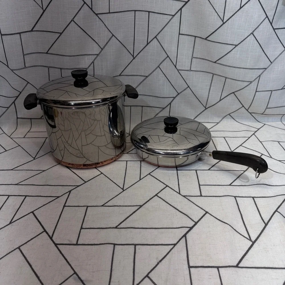 Revere Ware Cookware Set 9in 6qt Silver Copper Bottom Skillet Stock Pot 4pc